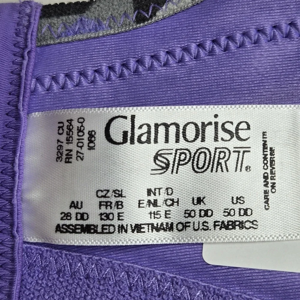 Glamorise Women Sports Bra 50DD Purple Geometric Wireless Adjustable Straps READ